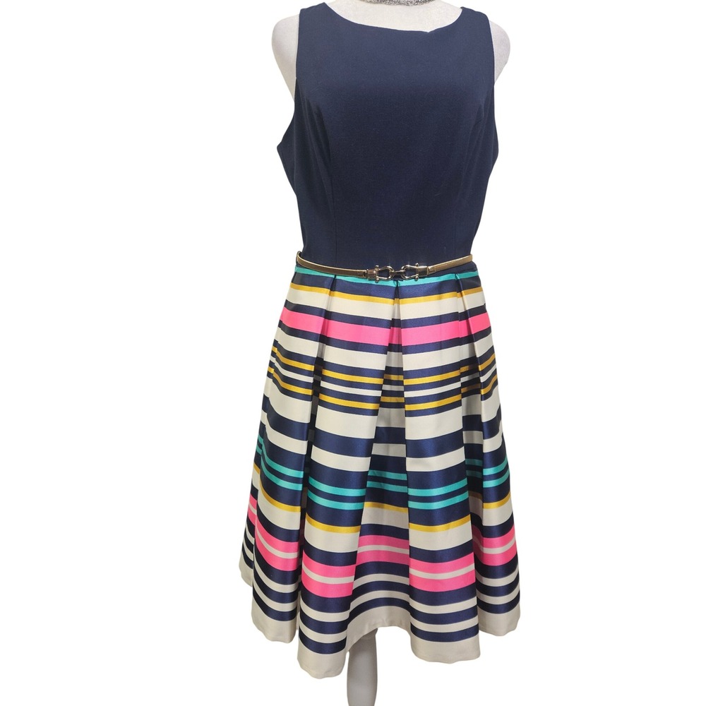 Eliza J Navy Blue Multi Color Striped Fit & Flare Cutout Back Dress Gold Belt